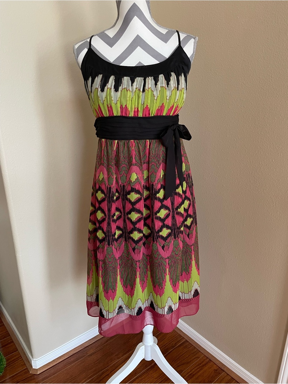 Sangria Black Spaghetti-Strap Dress with Pink & Lime Pattern - Size: 14